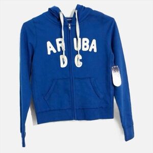 US Apparel Zip Front Long Sleeve Graphic Hooded Sweatshirt Aruba DC Across Front